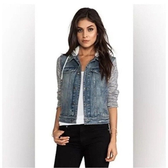 Free People Denim/Knit Hoodie Jacket Distressed Size Small - Picture 1 of 16